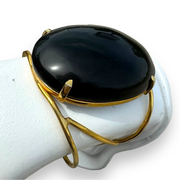 Vintage 10K Gold Filled Black Obsidian Cabochon Cuff Bracelet - Picture 5 of 9